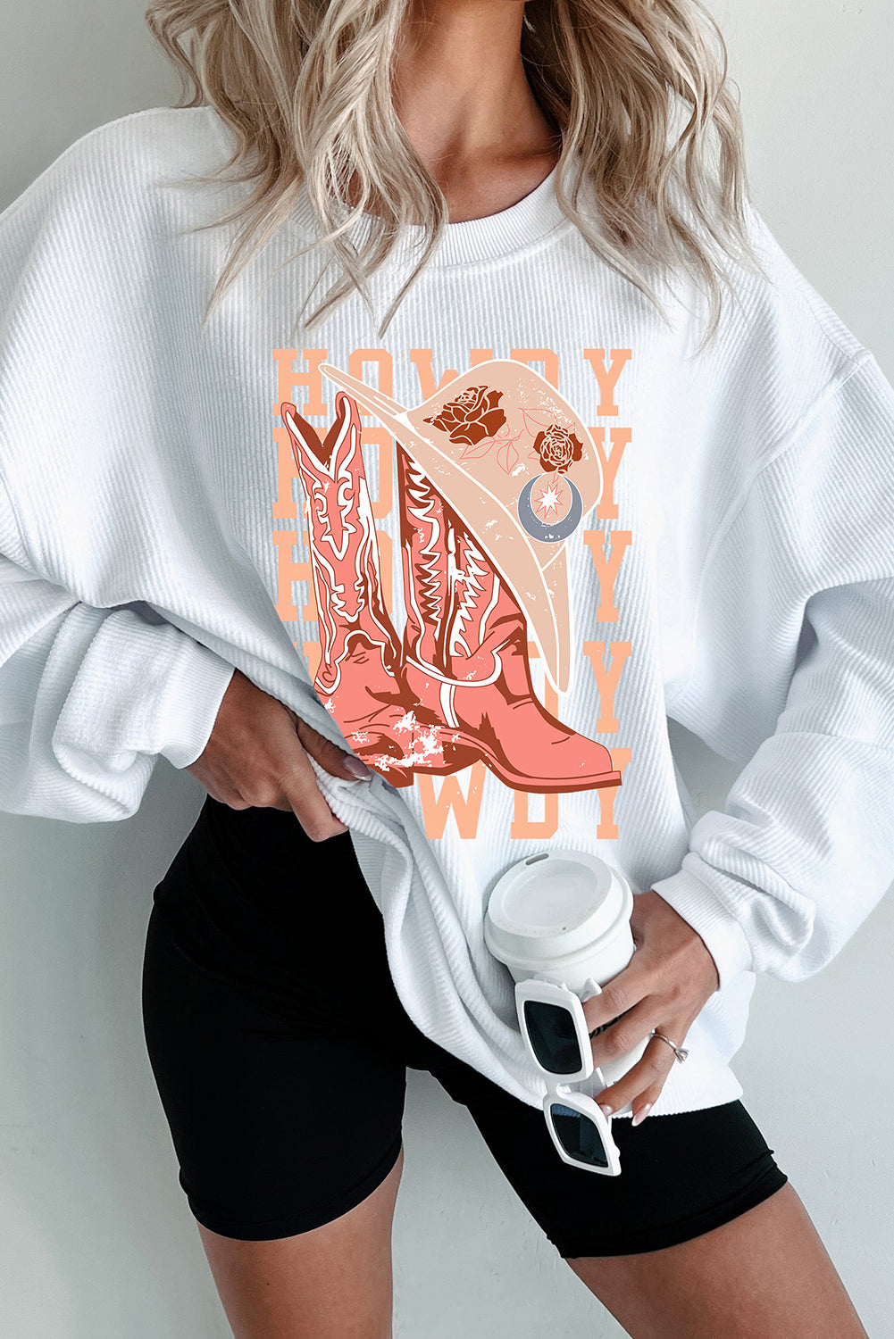 White Cowgirl Boots Hat HOWDY Graphic Corded Sweatshirt