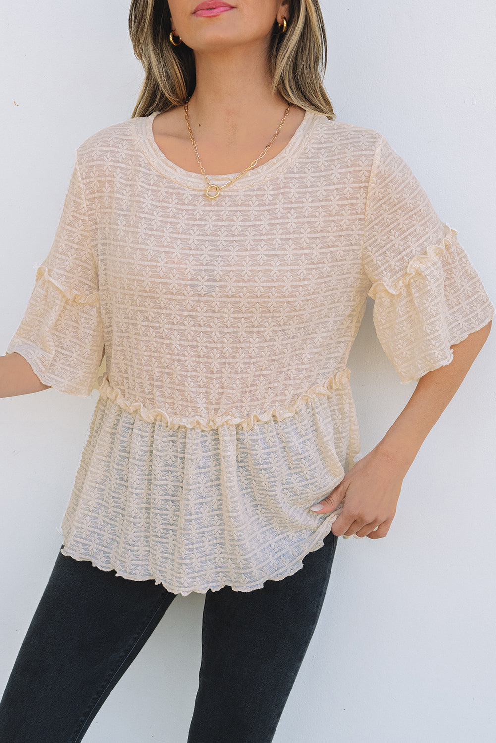 Beige Solid Color Textured Ruffled Short Sleeve Blouse