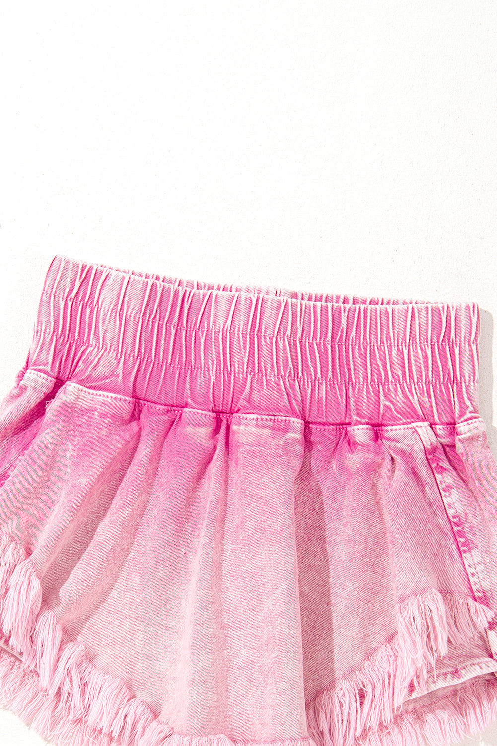 Pink Washed Wide Smocked Waistband Frayed Denim Shorts