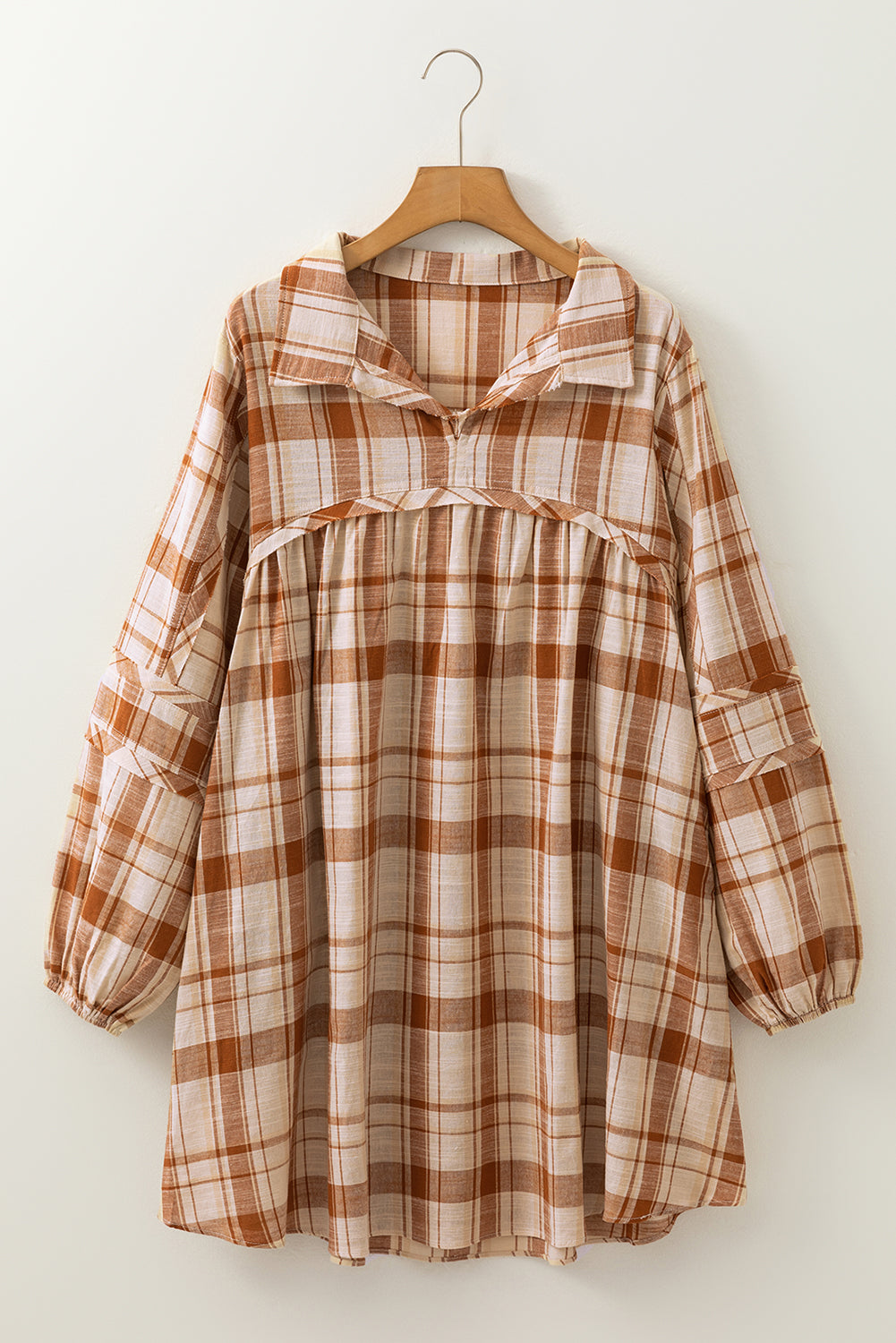 Brown Plaid Print Side Pockets Frilled Babydoll Mini Dress