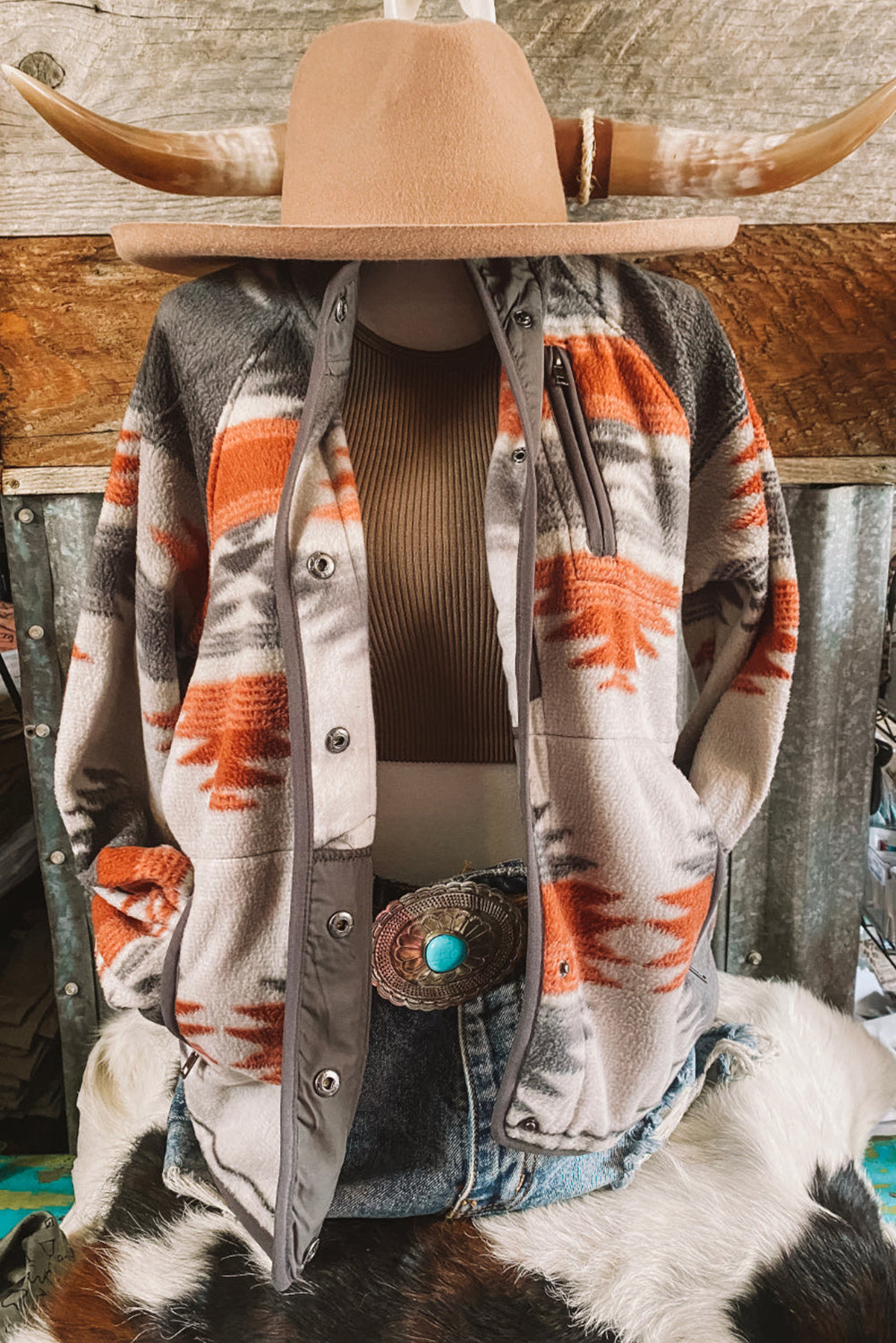 Gray Western Aztec Snap Buttoned Fleece Jacket